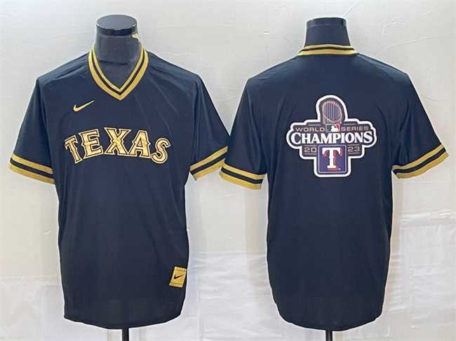 Mens Texas Rangers Black 2023 World Series Champions Big Logo Cool Base Stitched Baseball Jersey